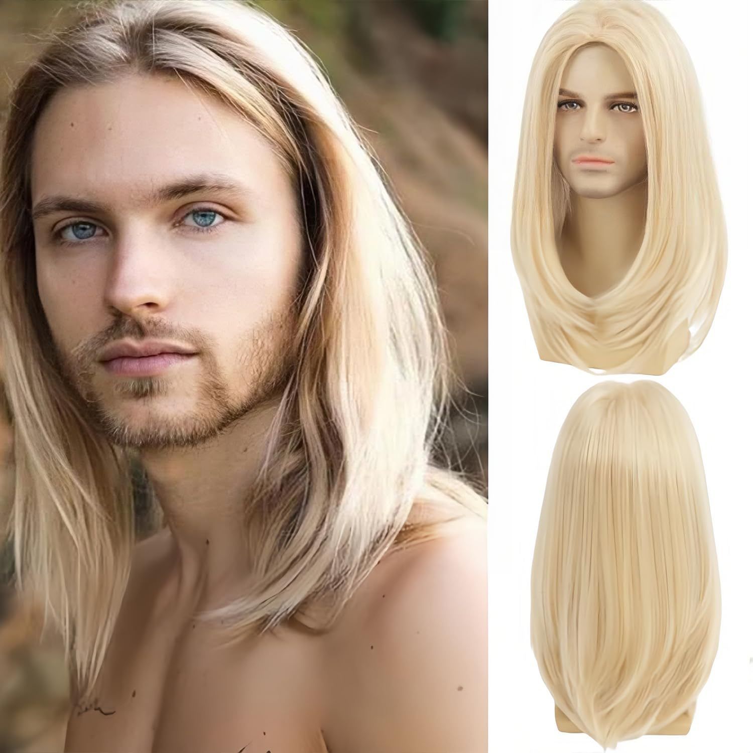 Wig Men's Brown Medium Long Straight Synthetic Headband Brown Highlight Dye Wig