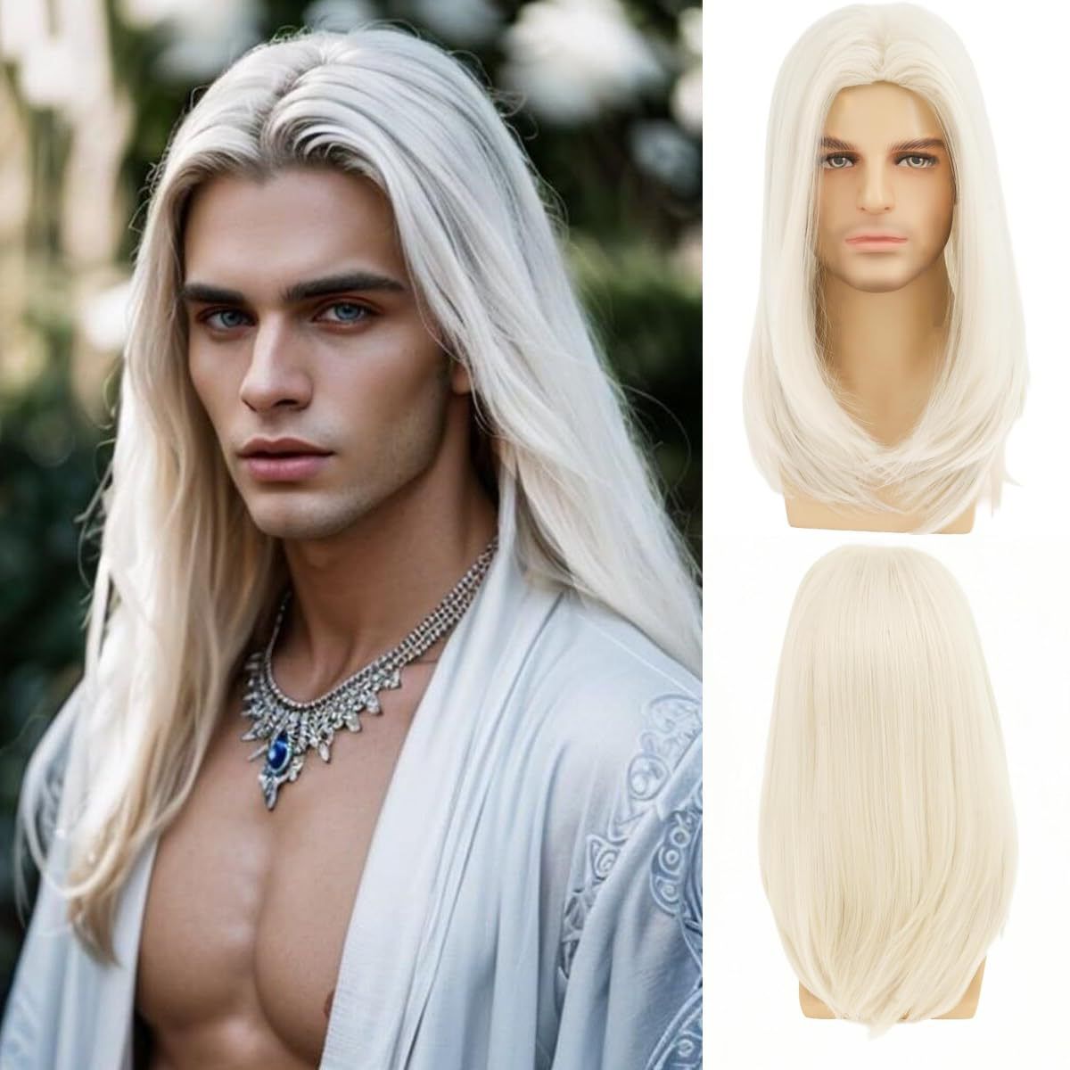 Wig Men's Brown Medium Long Straight Synthetic Headband Brown Highlight Dye Wig