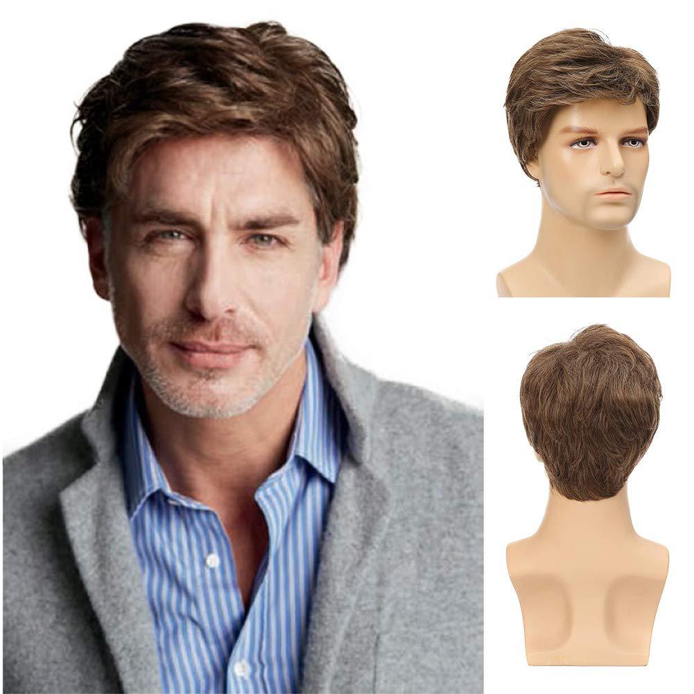 Wig Men's Short Hair Slanted Bangs Fashionable Brown Synthetic Headband High-Temperature Silk Wig