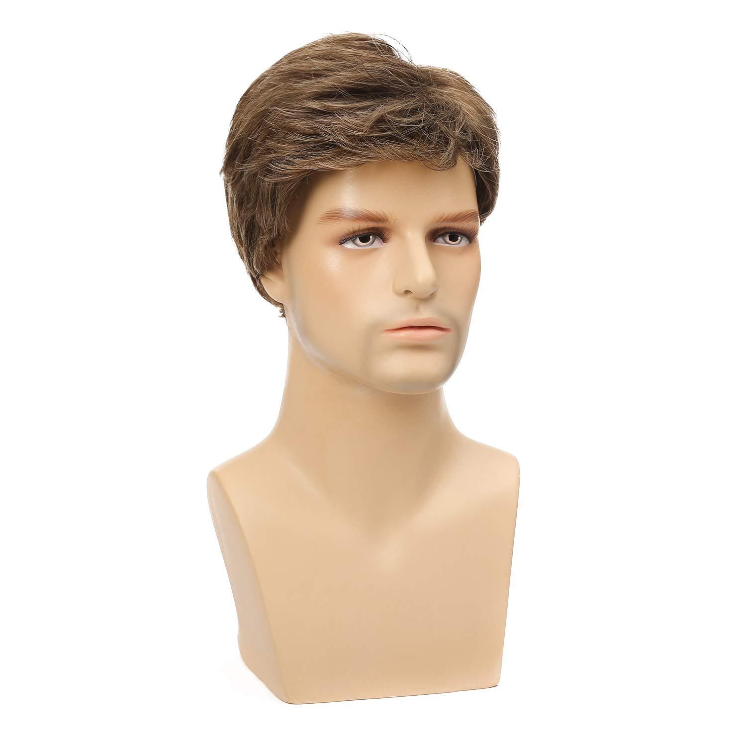 Wig Men's Short Hair Slanted Bangs Fashionable Brown Synthetic Headband High-Temperature Silk Wig