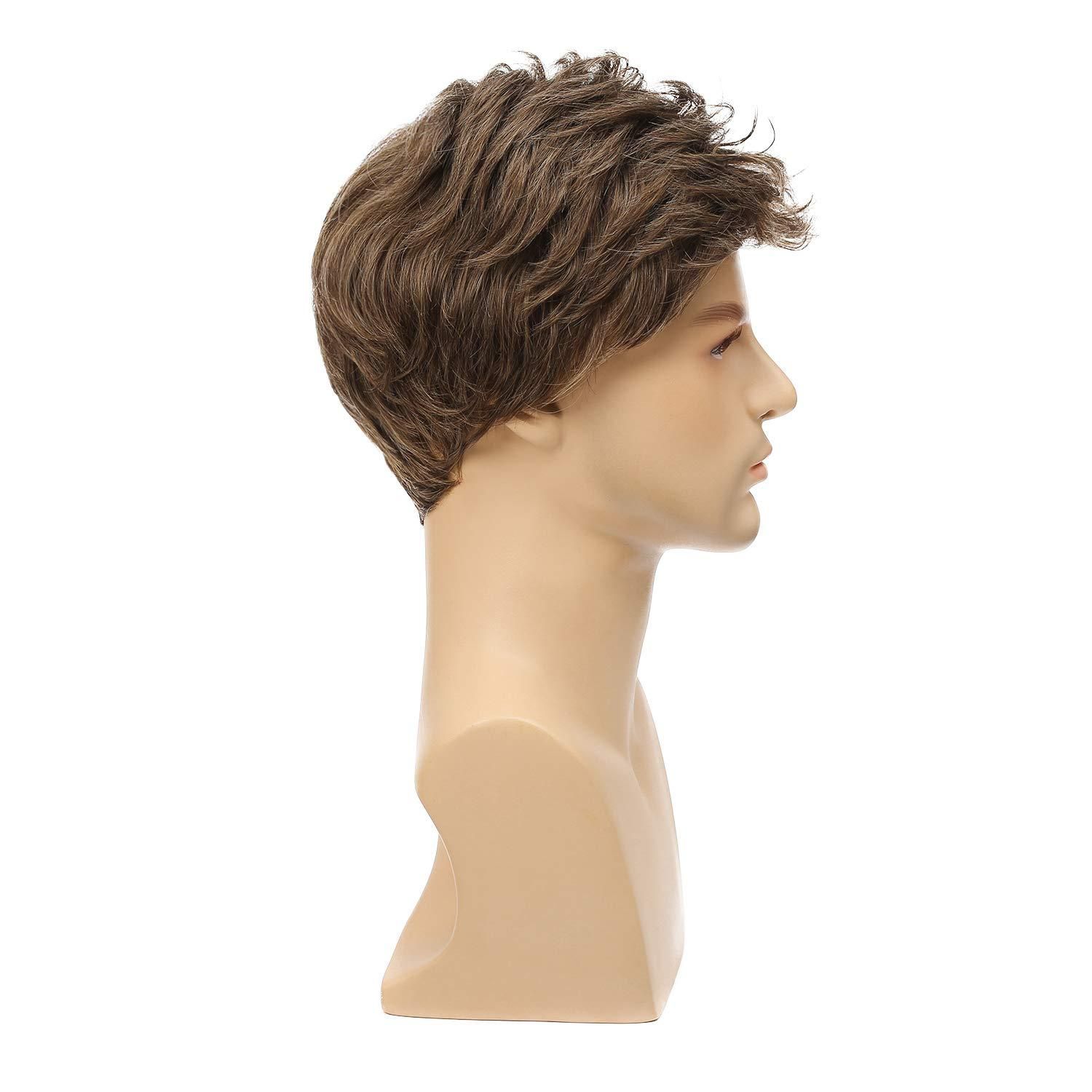 Wig Men's Short Hair Slanted Bangs Fashionable Brown Synthetic Headband High-Temperature Silk Wig