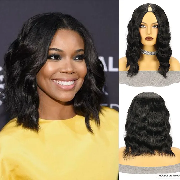 Women's Wig Black Medium Split Short Curly Hair Water Ripple Synthetic Headband Wigs