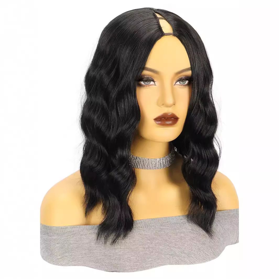 Women's Wig Black Medium Split Short Curly Hair Water Ripple Synthetic Headband Wigs