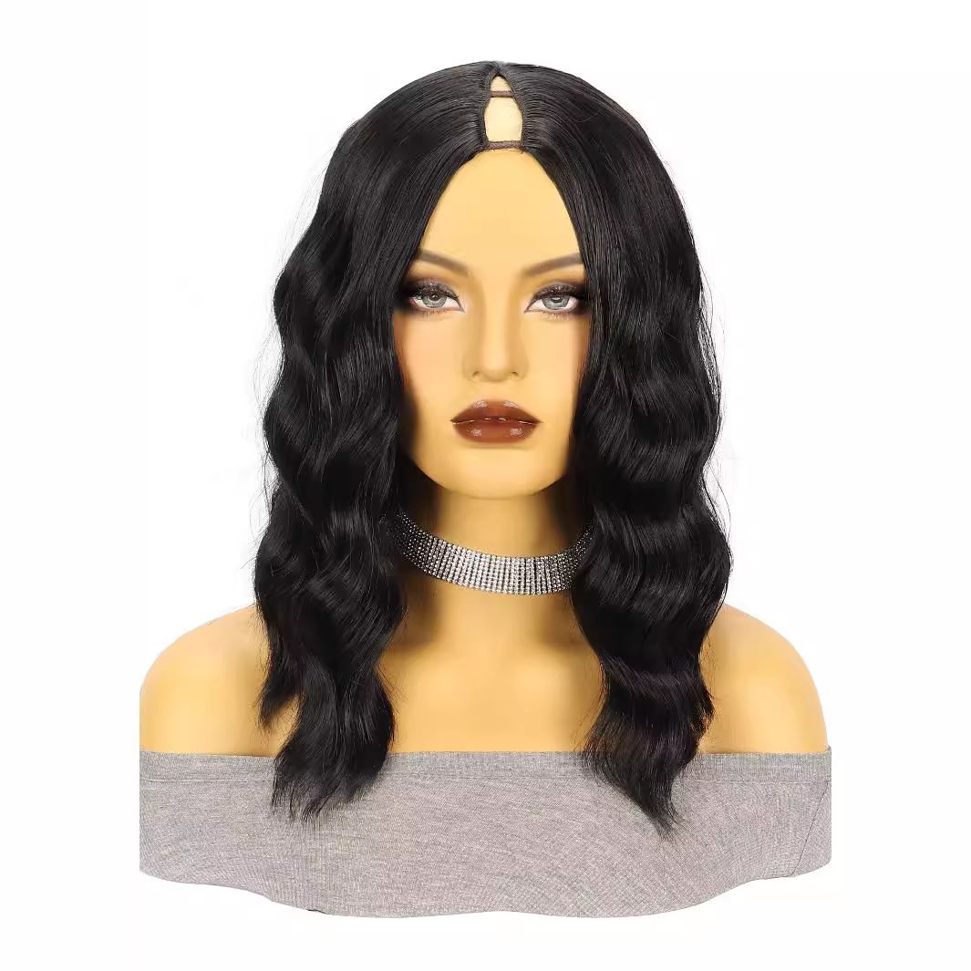 Women's Wig Black Medium Split Short Curly Hair Water Ripple Synthetic Headband Wigs