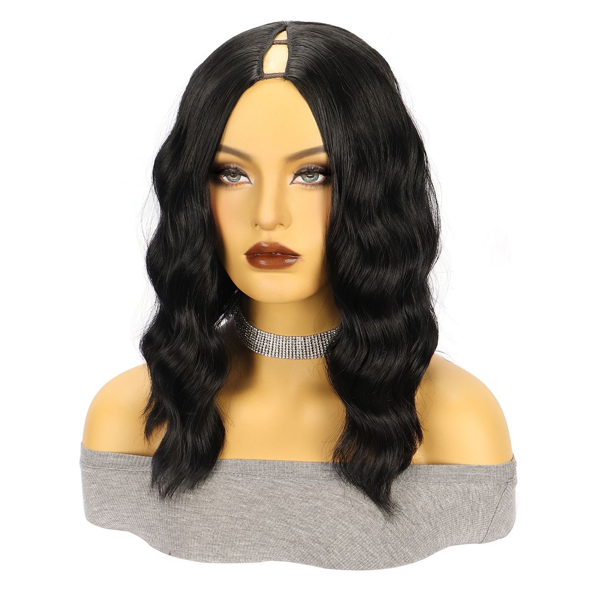 Women's Wig Black Medium Split Short Curly Hair Water Ripple Synthetic Headband Wigs