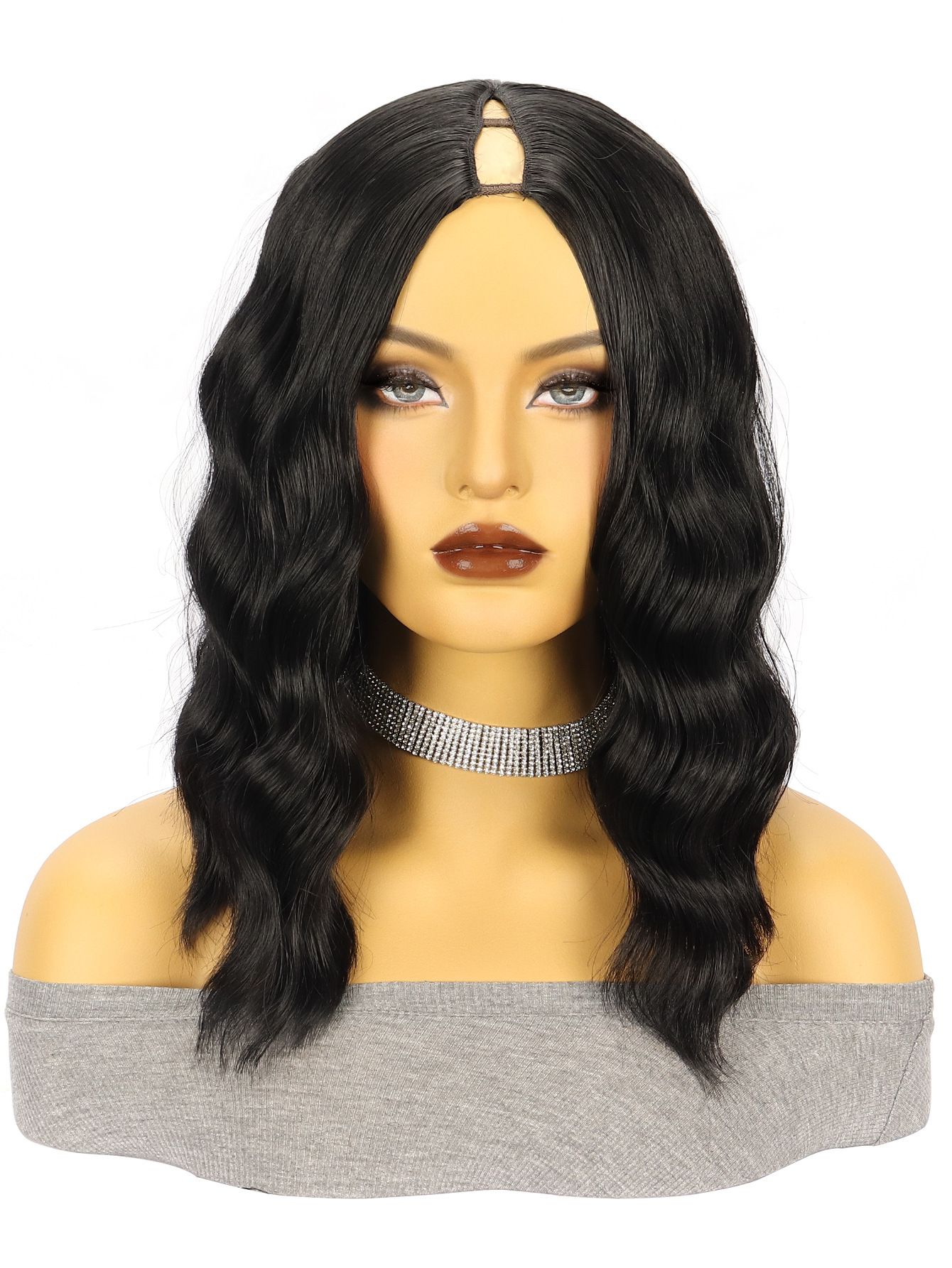 Women's Wig Black Medium Split Short Curly Hair Water Ripple Synthetic Headband Wigs