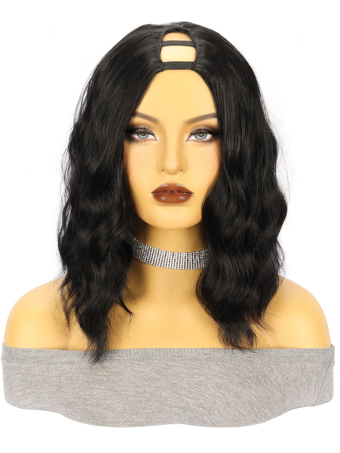 Women's Wig Black Medium Split Short Curly Hair Water Ripple Synthetic Headband Wigs
