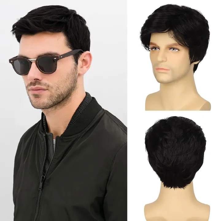 Men's Wig Black Short Cut Synthetic Curly Hair Fashionable Headband Men's Wig