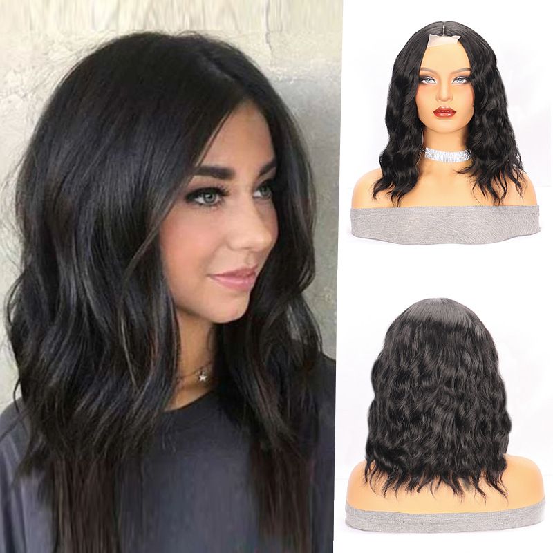 Wig Lace Black Medium Length Short Curly Hair High-Temperature Silk Synthetic Headband Wig