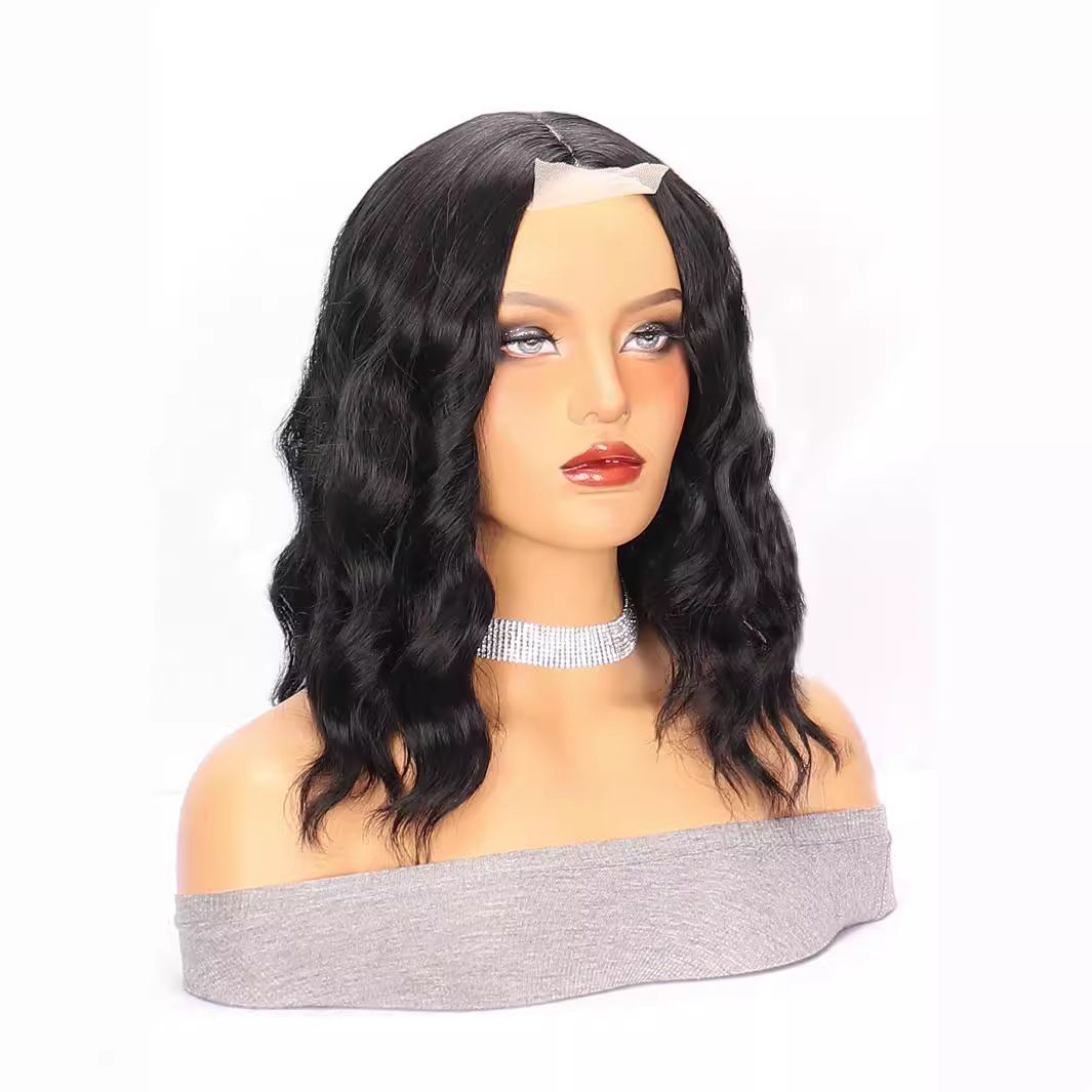 Wig Lace Black Medium Length Short Curly Hair High-Temperature Silk Synthetic Headband Wig