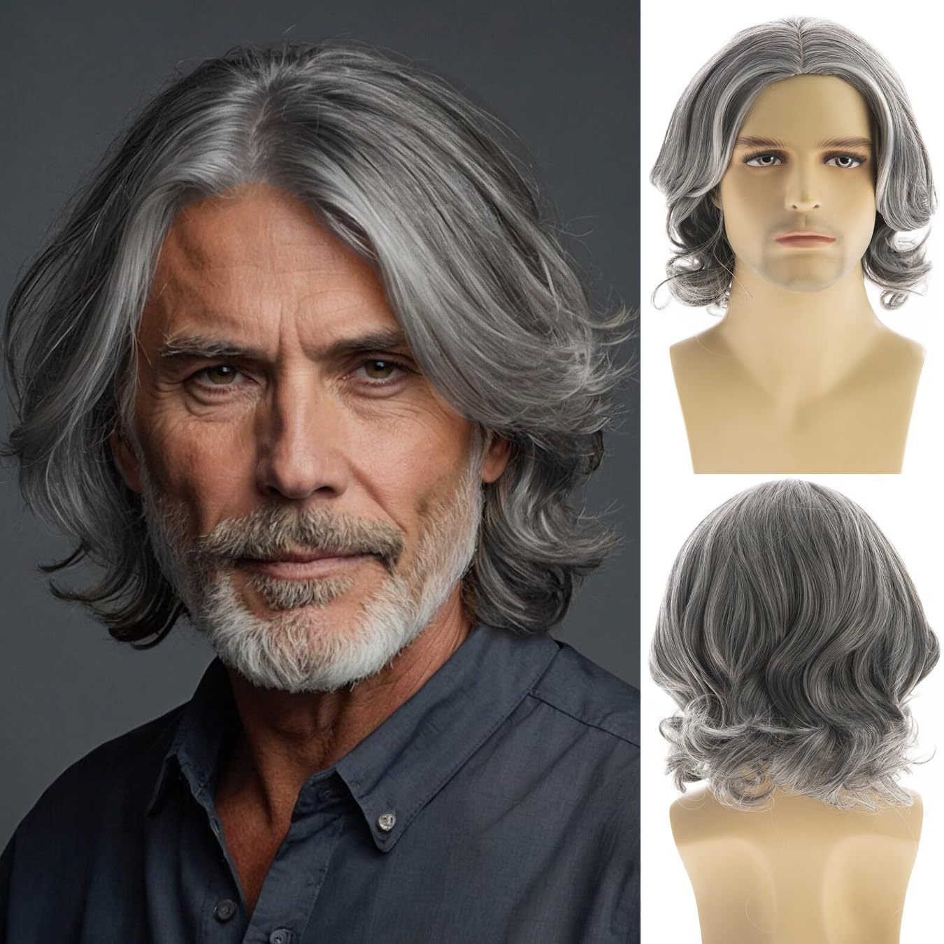Wig Men's Gray Mid Split Short Curly Hair Fashionable High-Temperature Silk Synthetic Headband