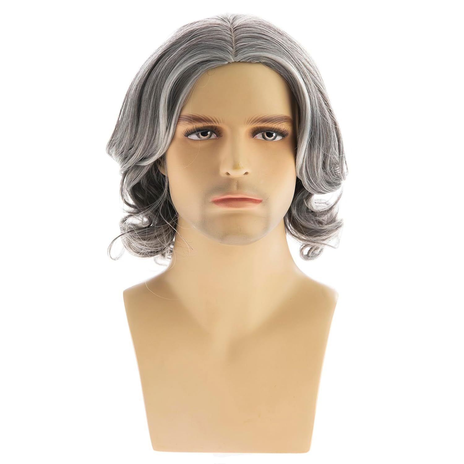 Wig Men's Gray Mid Split Short Curly Hair Fashionable High-Temperature Silk Synthetic Headband
