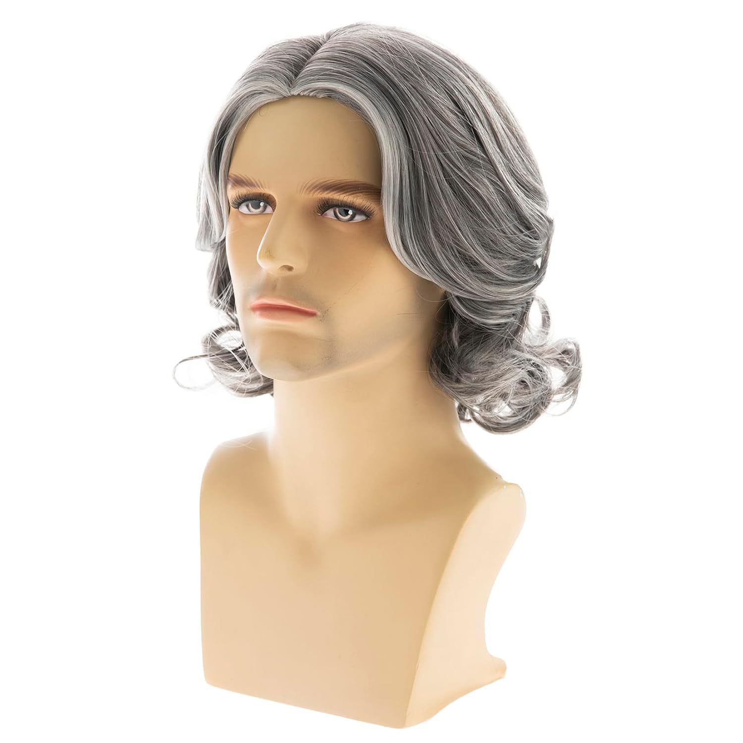 Wig Men's Gray Mid Split Short Curly Hair Fashionable High-Temperature Silk Synthetic Headband