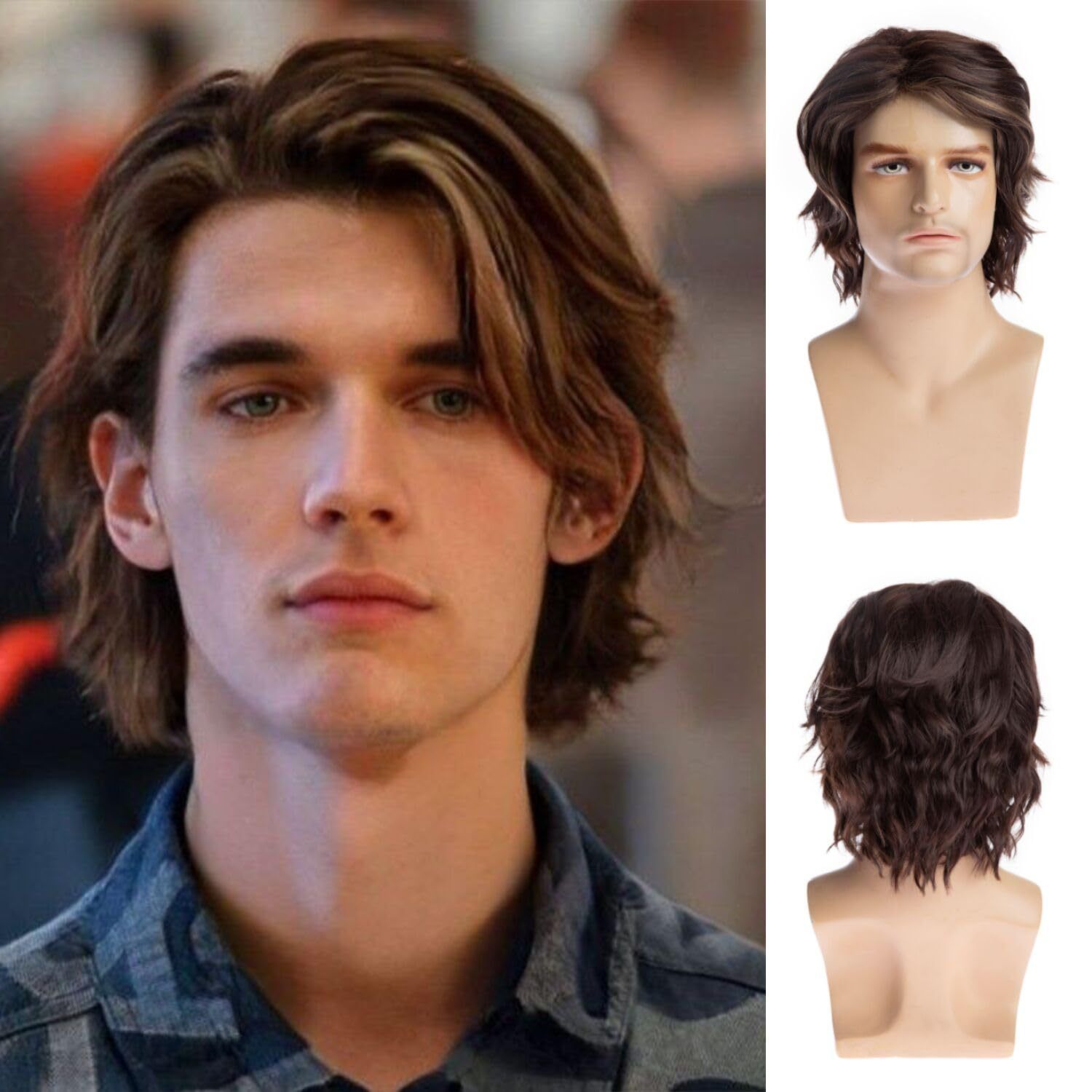 Fashionable Wig For Men With Short Hair And Slightly Curled Styling Dark Brown Short Curly Hair Headband