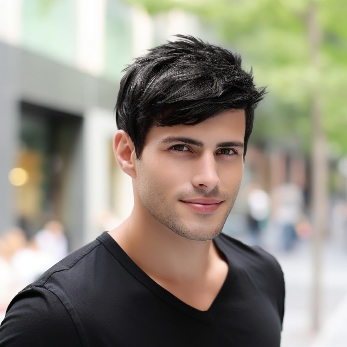 Wig For Men Black Short Straight Fashionable Synthetic Headband High-Temperature Silk Wig