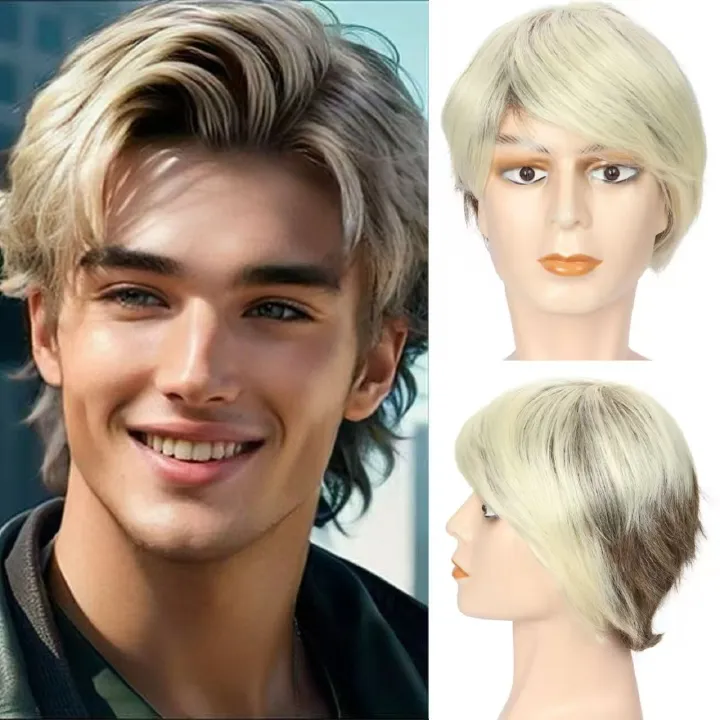 Men's Wig Brown With Short Straight Hair Men's Fashionable Synthetic Wig Headband
