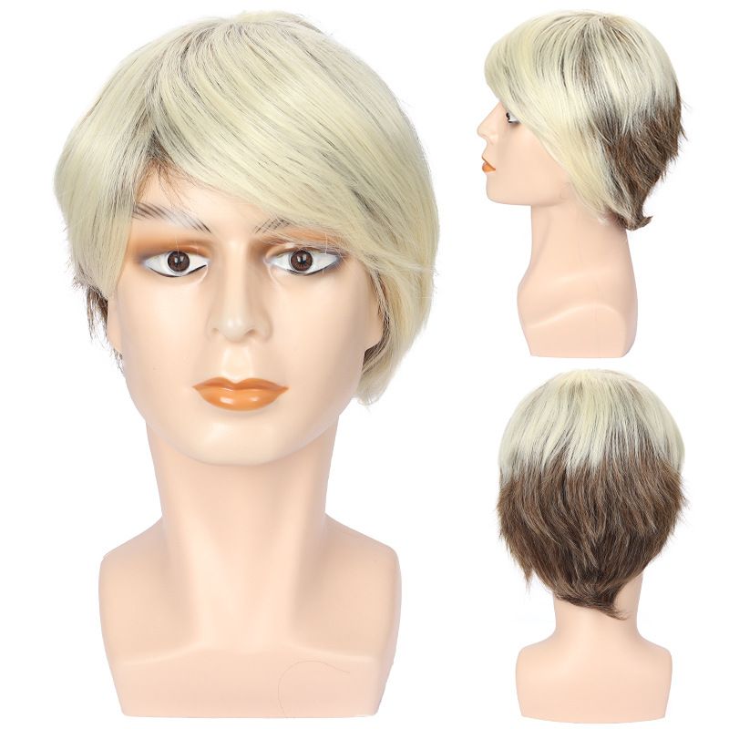 Men's Wig Brown With Short Straight Hair Men's Fashionable Synthetic Wig Headband
