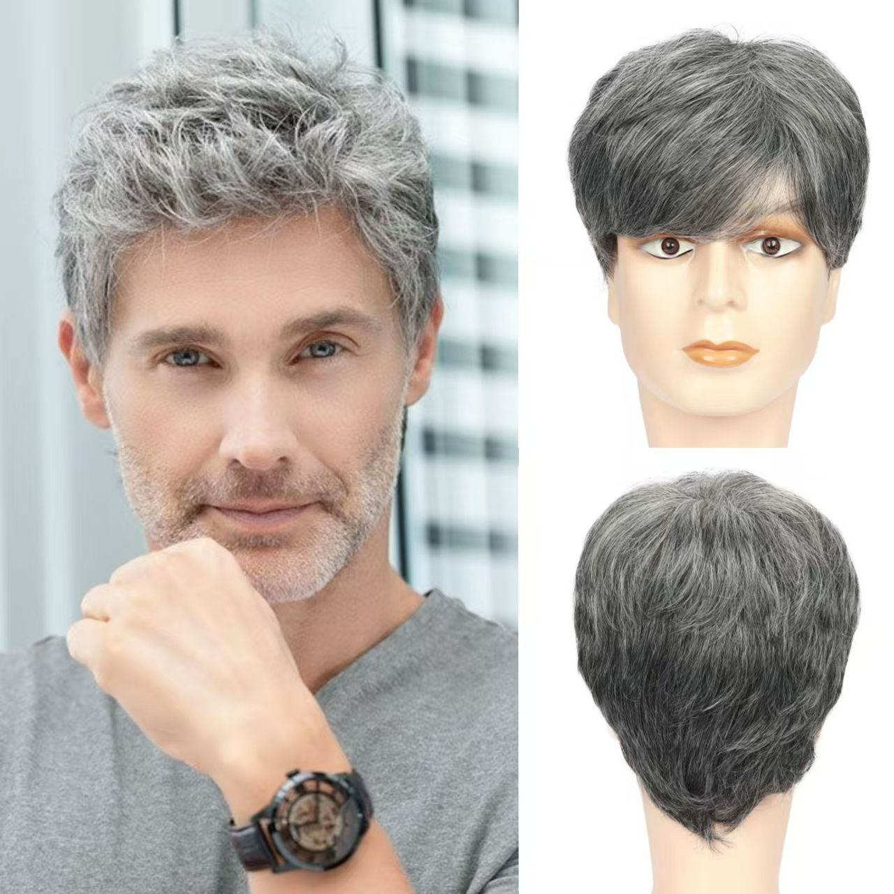Men's Gray Split Short Straight Synthetic Headband With Multiple Layers Of Natural Wig