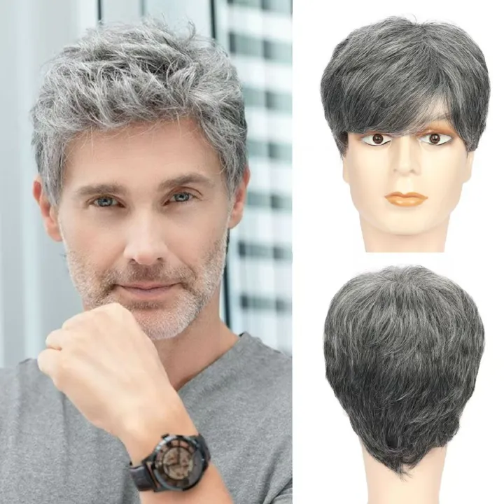 Men's Gray Split Short Straight Synthetic Headband With Multiple Layers Of Natural Wig