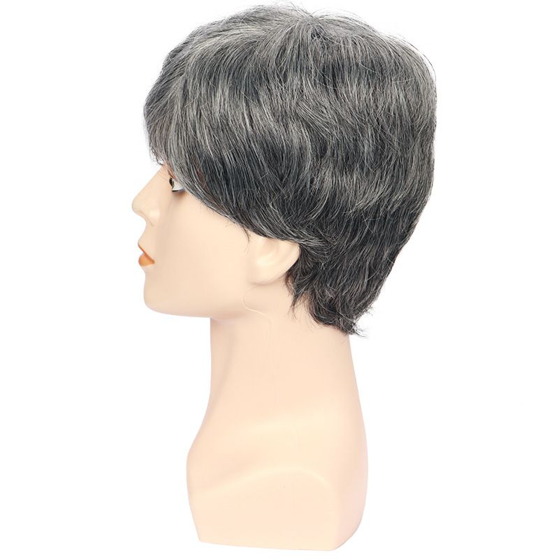 Men's Gray Split Short Straight Synthetic Headband With Multiple Layers Of Natural Wig