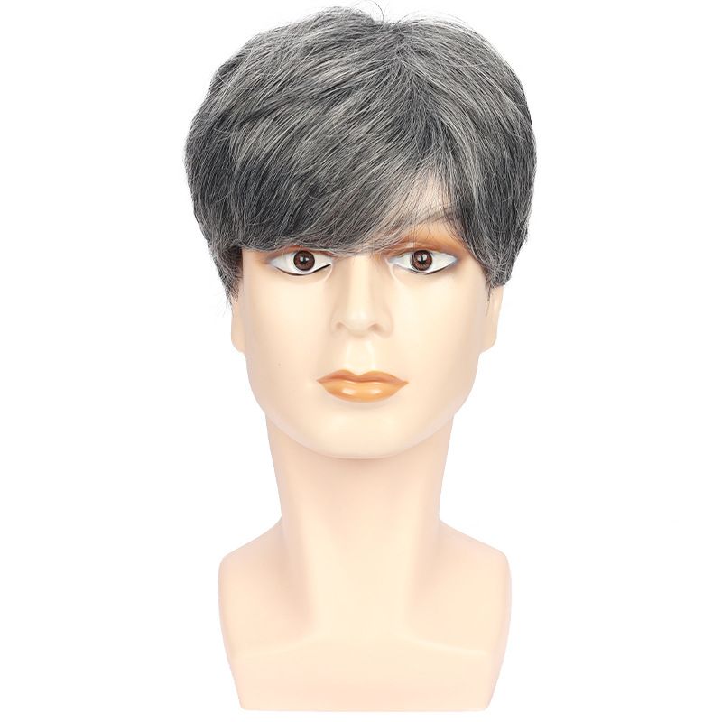 Men's Gray Split Short Straight Synthetic Headband With Multiple Layers Of Natural Wig