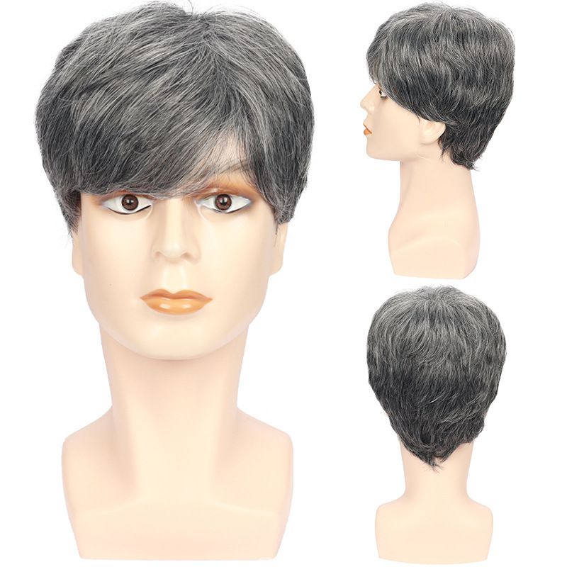 Men's Gray Split Short Straight Synthetic Headband With Multiple Layers Of Natural Wig