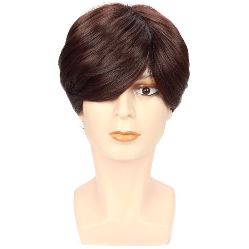 Wig Men Brown Short Straight Synthetic Headband Fluffy Long Bangs Wig