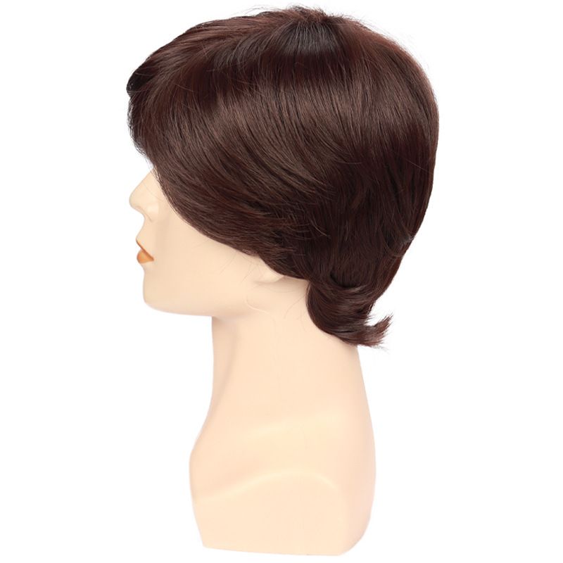 Wig Men Brown Short Straight Synthetic Headband Fluffy Long Bangs Wig