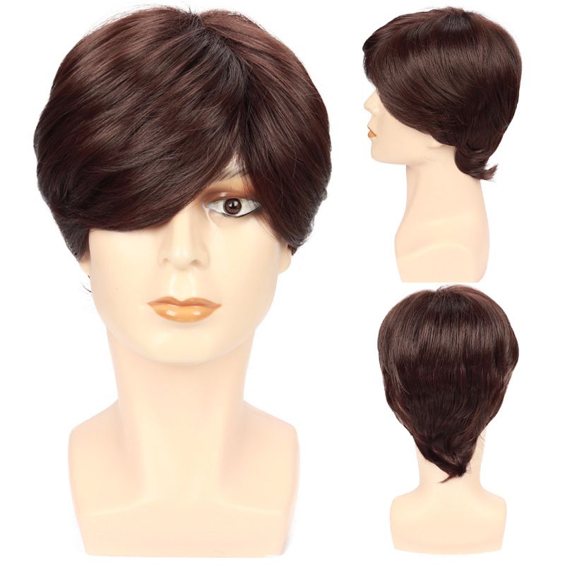 Wig Men Brown Short Straight Synthetic Headband Fluffy Long Bangs Wig