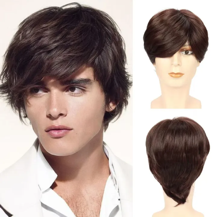 Wig Men Brown Short Straight Synthetic Headband Fluffy Long Bangs Wig