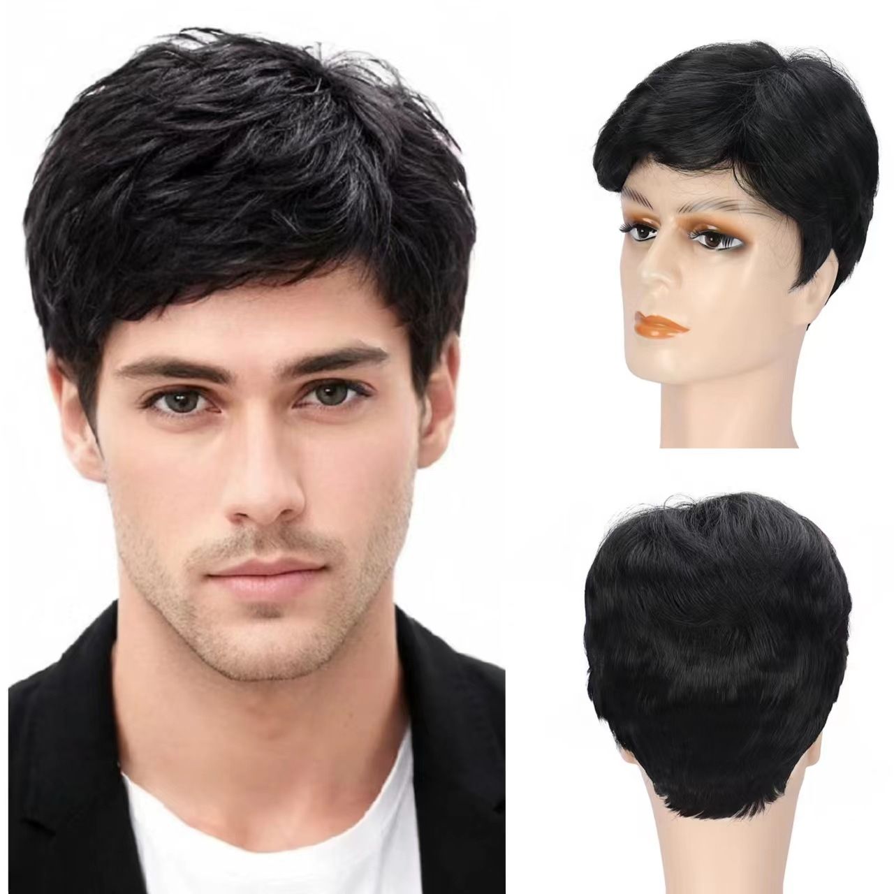Men's Wig Black Short Straight Fluffy Natural Synthetic Headband Men's Wig