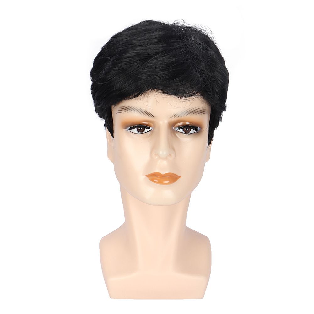 Men's Wig Black Short Straight Fluffy Natural Synthetic Headband Men's Wig