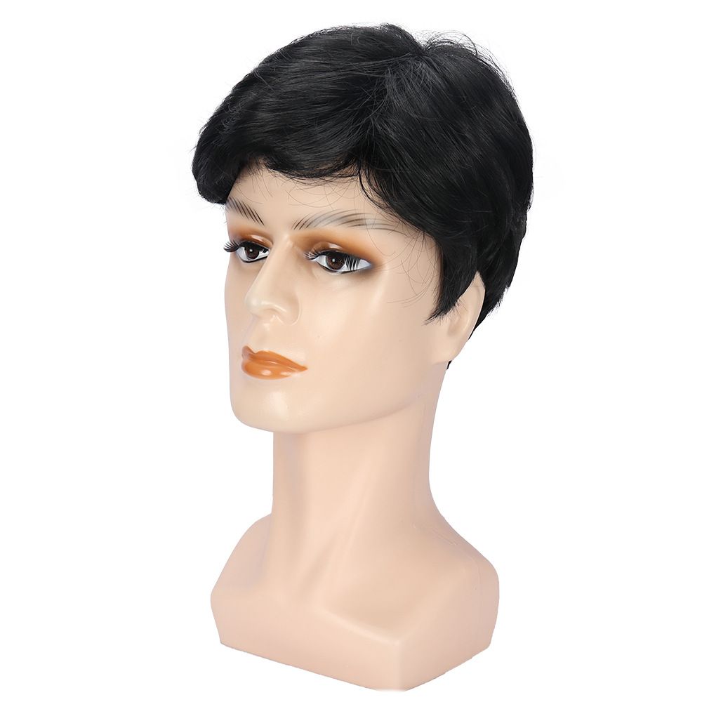 Men's Wig Black Short Straight Fluffy Natural Synthetic Headband Men's Wig