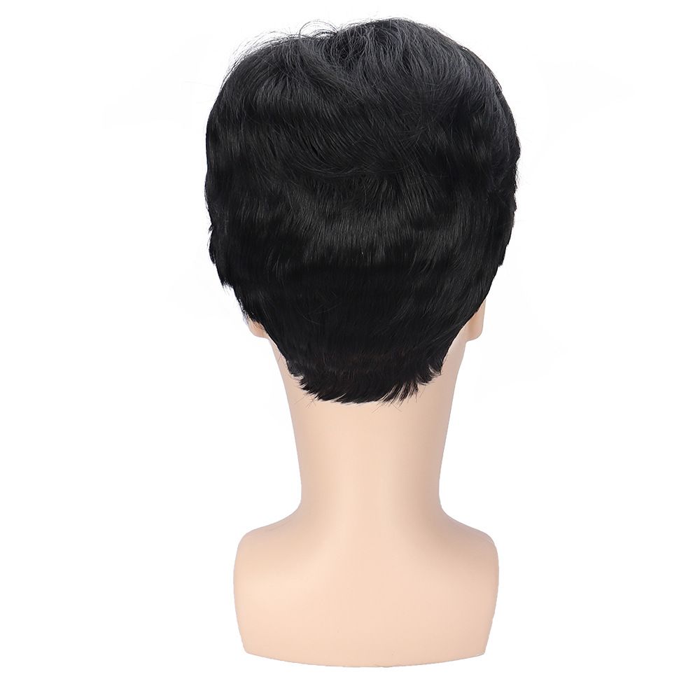 Men's Wig Black Short Straight Fluffy Natural Synthetic Headband Men's Wig