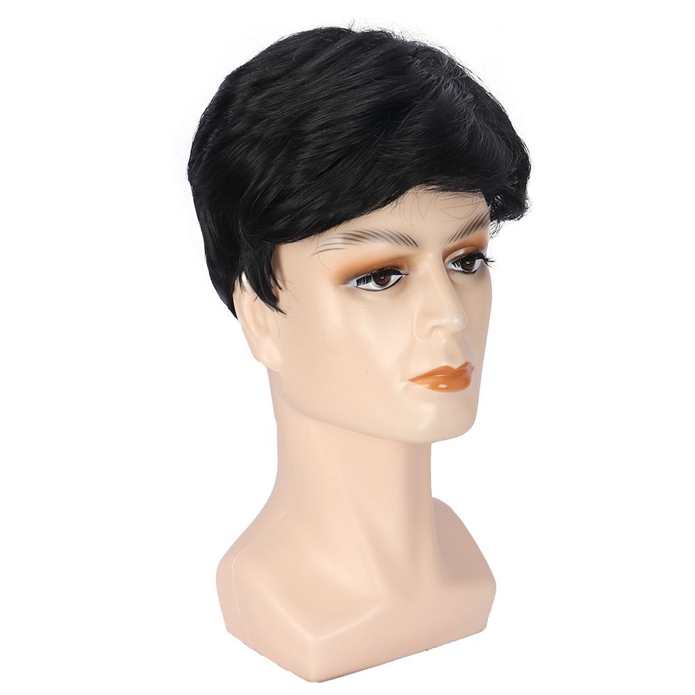 Men's Wig Black Short Straight Fluffy Natural Synthetic Headband Men's Wig