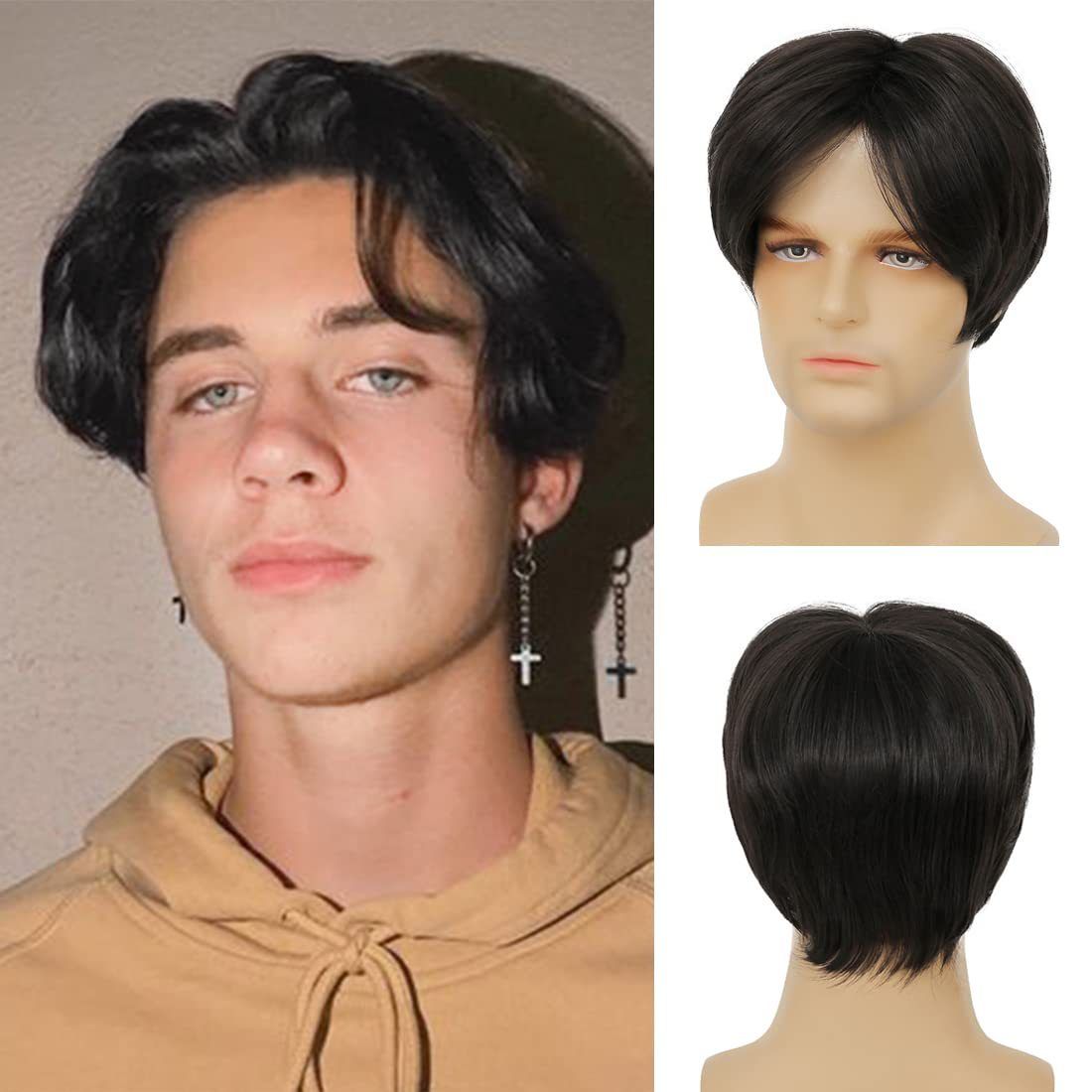 Men's Wig Black Slanted Bangs Fluffy Business Style High-Temperature Silk Headband Wig