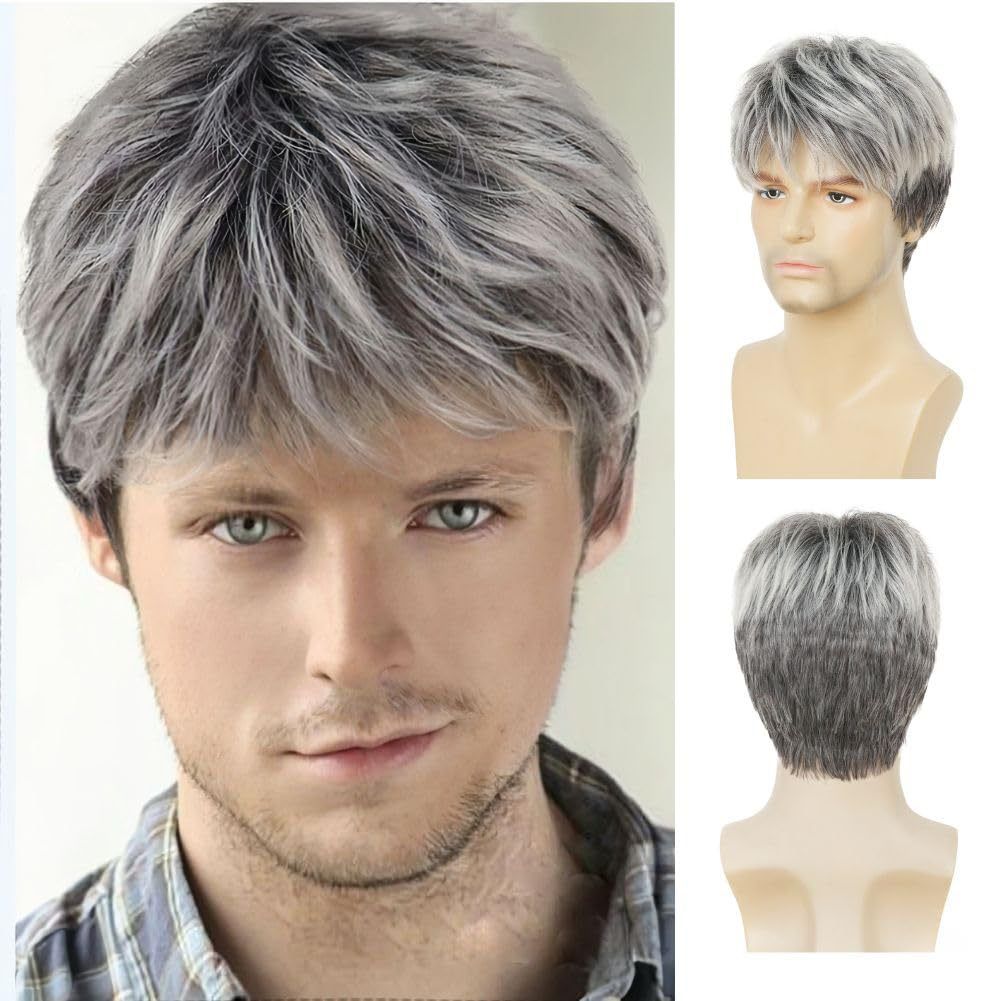 Wig Men's Grey Layered Short Headband Men's Synthetic Wig