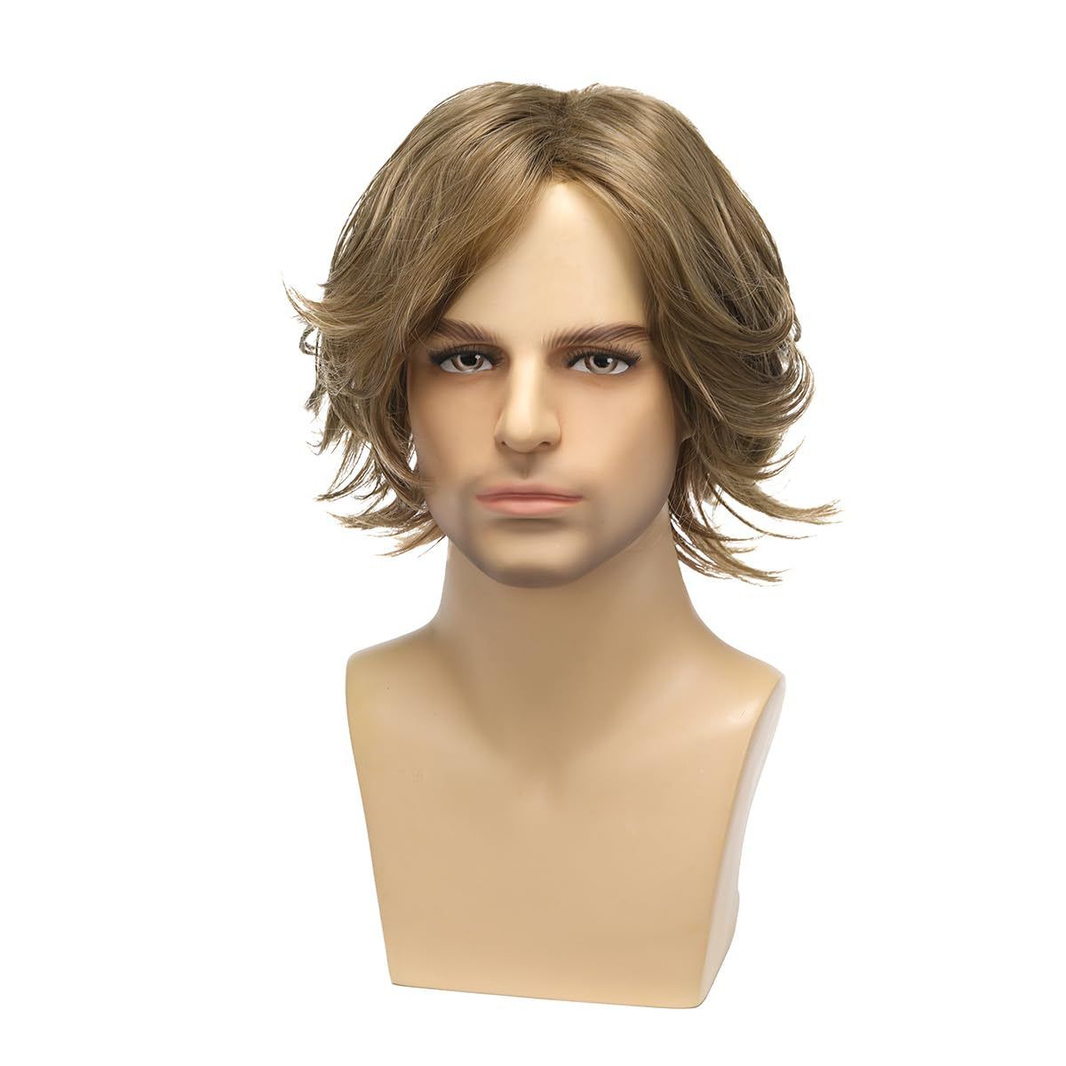 Wig Men's Fashionable Synthetic Headband Brown Medium Length Short Curly Hair Slightly Curled Multi-Layered
