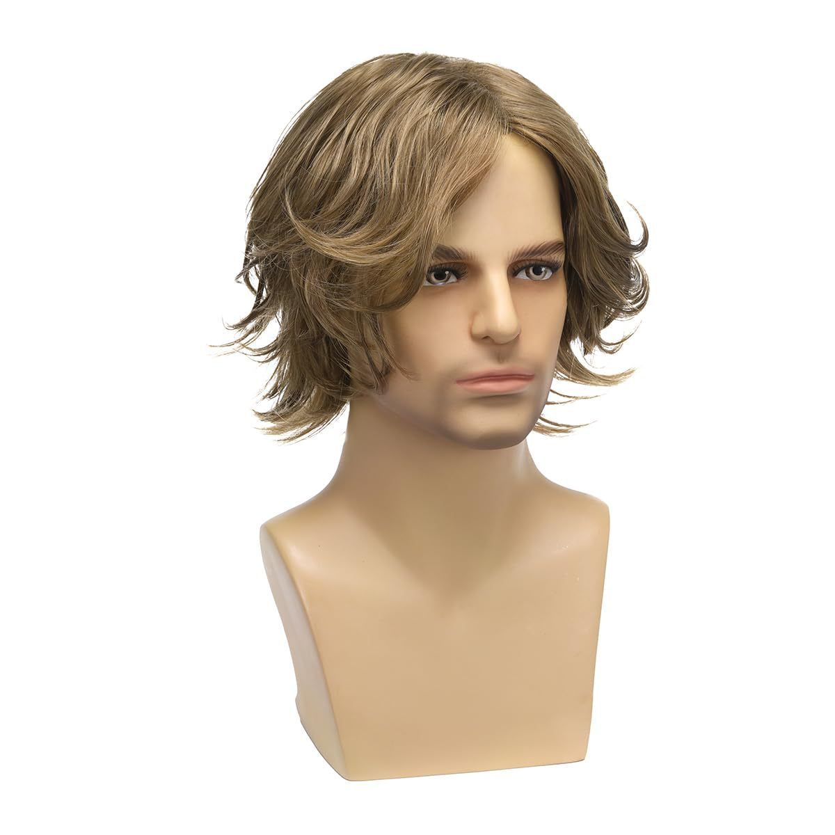 Wig Men's Fashionable Synthetic Headband Brown Medium Length Short Curly Hair Slightly Curled Multi-Layered