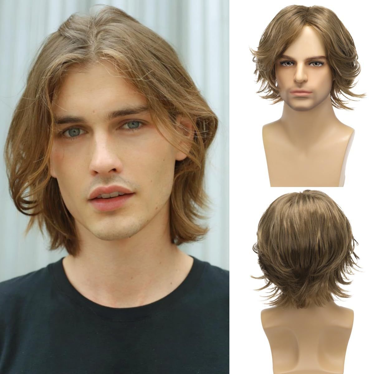Wig Men's Fashionable Synthetic Headband Brown Medium Length Short Curly Hair Slightly Curled Multi-Layered
