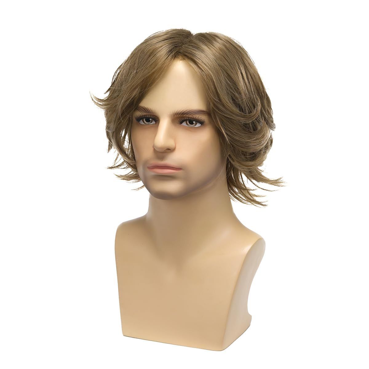 Wig Men's Fashionable Synthetic Headband Brown Medium Length Short Curly Hair Slightly Curled Multi-Layered