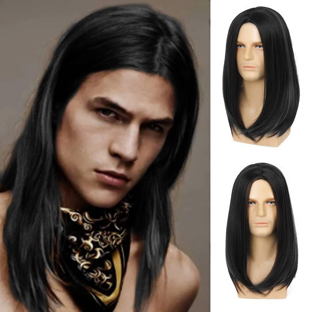 Wig Men's Black Medium Split Long Straight Hair Fashion Men's Wig Cover Available In Multiple Colors