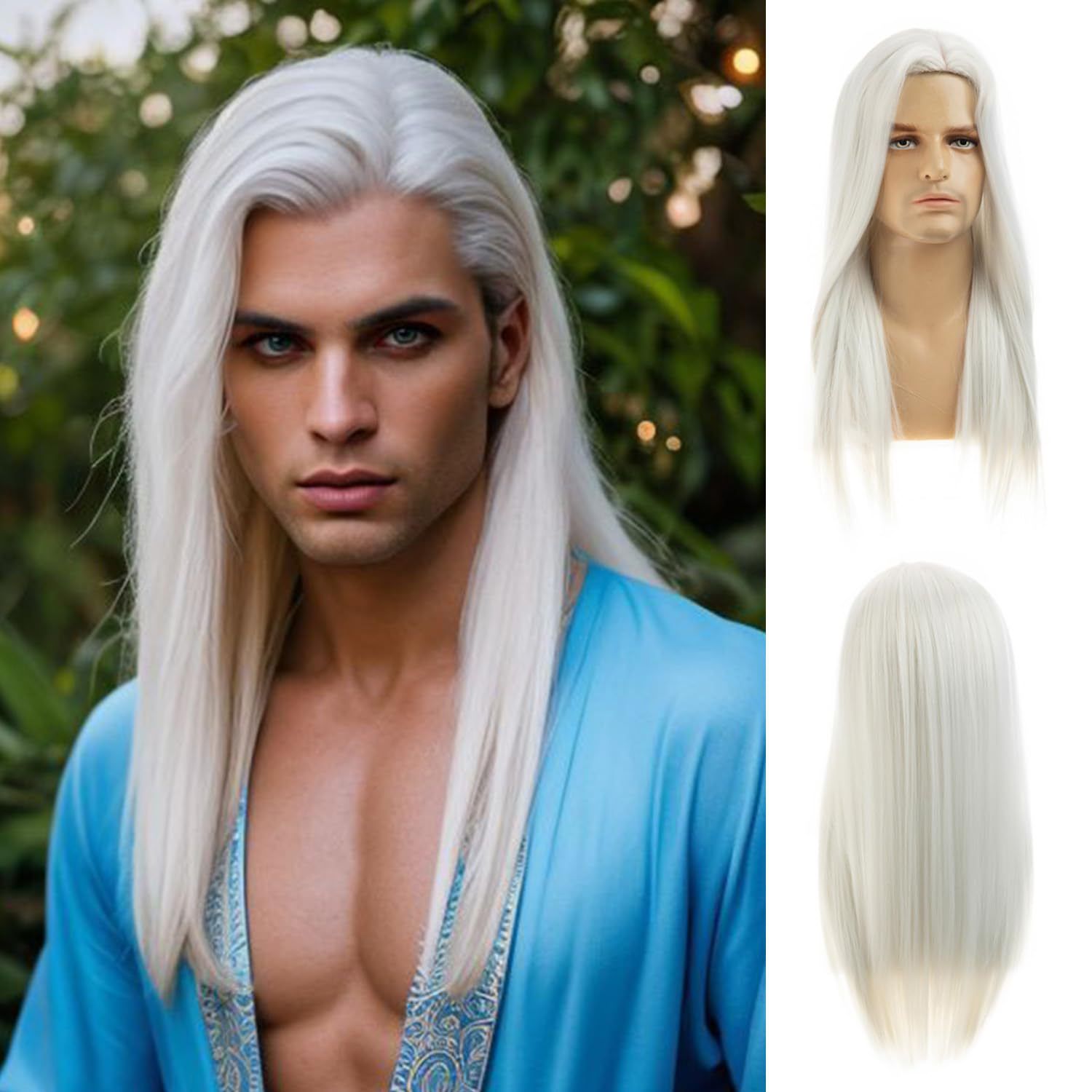 Wig Men's Black Medium Split Long Straight Hair Fashion Men's Wig Cover Available In Multiple Colors