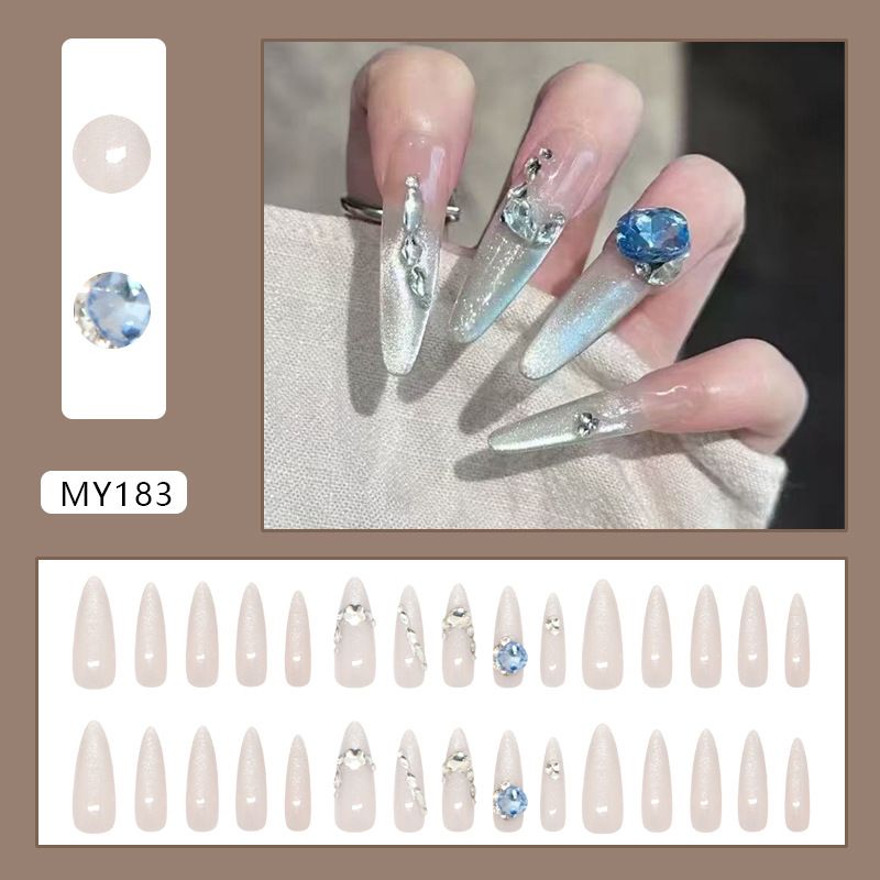 Handmade Long Sparkling Moonlight Cat Eye Blue Diamond Fashionable And Sweet Temperament Wearable And Detachable Nail Slices