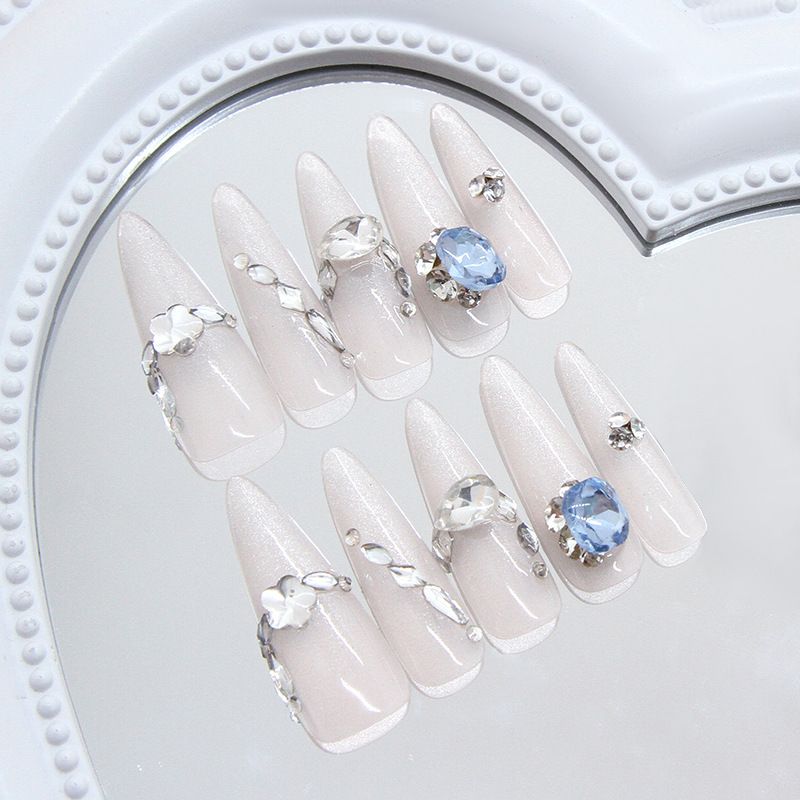 Handmade Long Pointed Moonlight Cat Eye Blue Diamond Fashionable And Sweet Temperament Wearable And Detachable Nail Slices