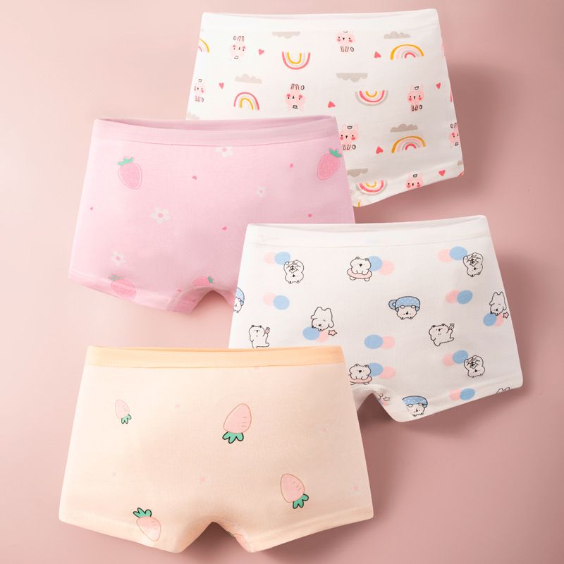 4pcs Children Little Girl Underwear A-class All Cotton Cute Cartoon Kids Trouser Shorts Printed Kids Antibacterial Soft Panties