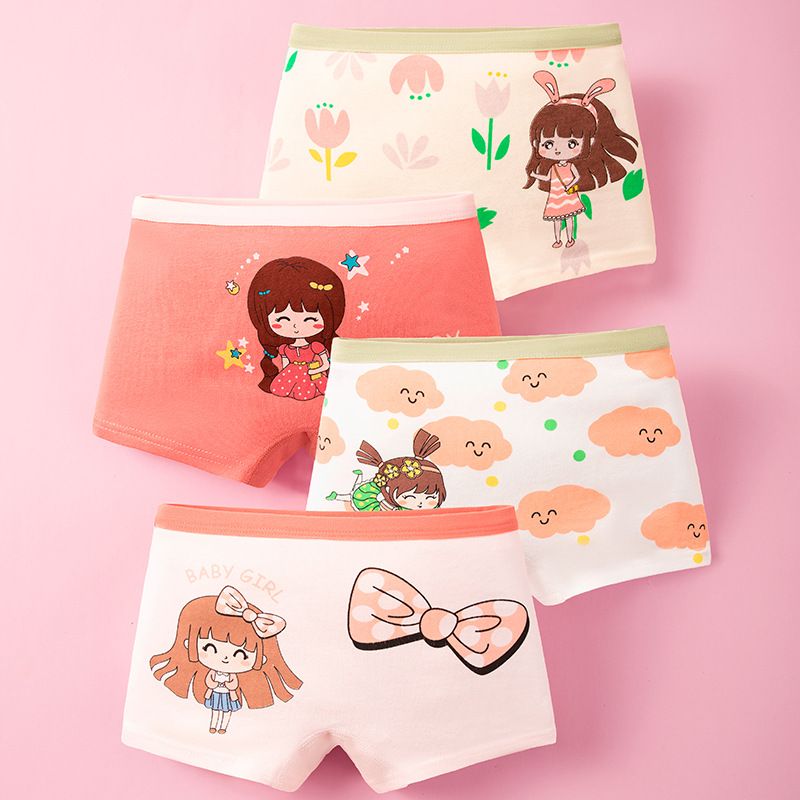 4pcs Children Little Girl Underwear A-class All Cotton Cute Cartoon Kids Trouser Shorts Printed Kids Antibacterial Soft Panties