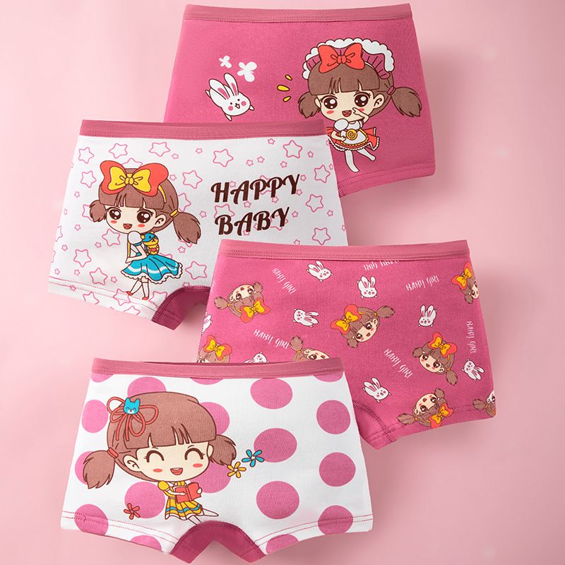 4pcs Children Little Girl Underwear A-class All Cotton Cute Cartoon Kids Trouser Shorts Printed Kids Antibacterial Soft Panties