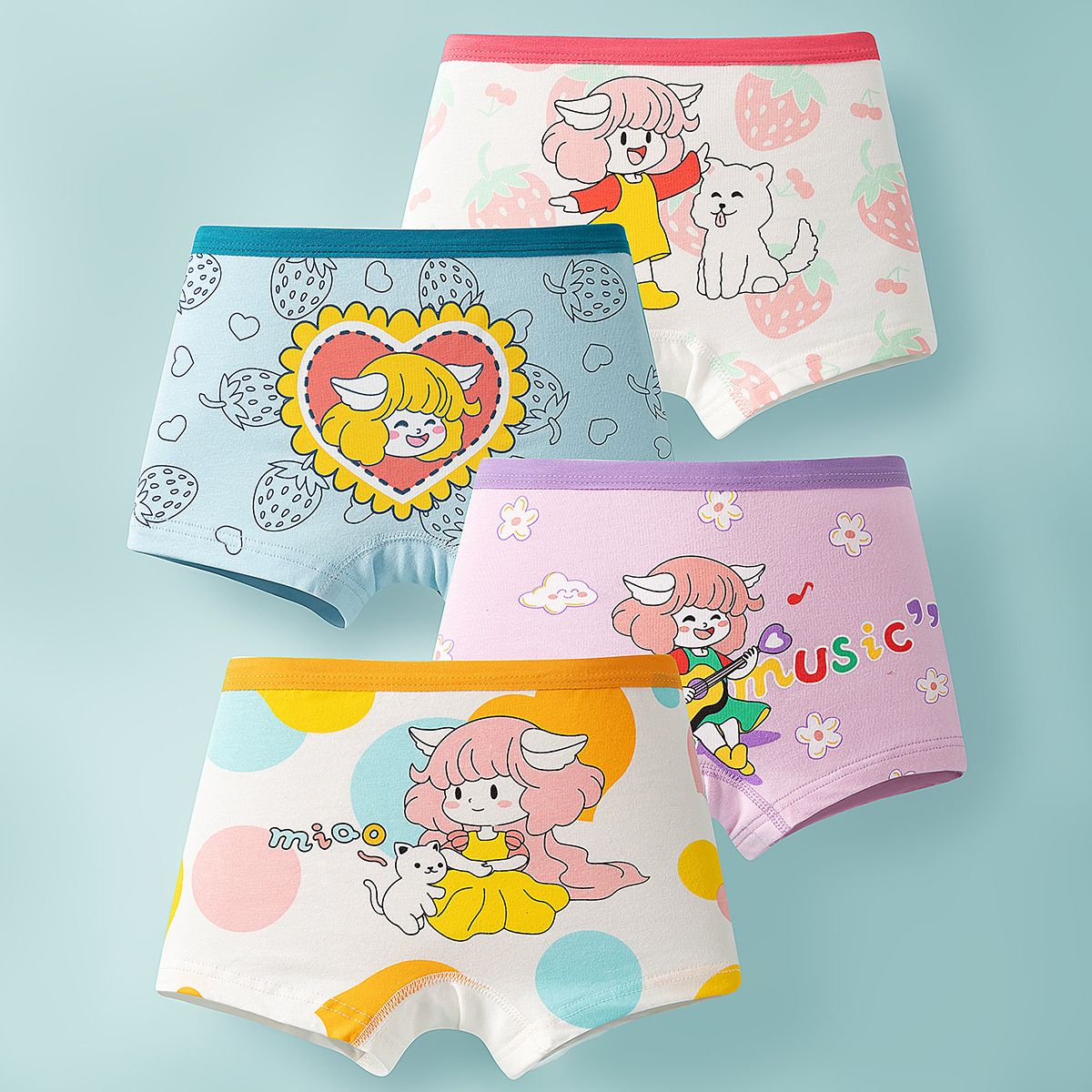 4pcs Children Little Girl Underwear A-class All Cotton Cute Cartoon Kids Trouser Shorts Printed Kids Antibacterial Soft Panties