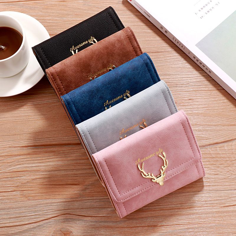 Short Wallet Cute Female Folding Wallet Deer Head Three Fold Small Wallet